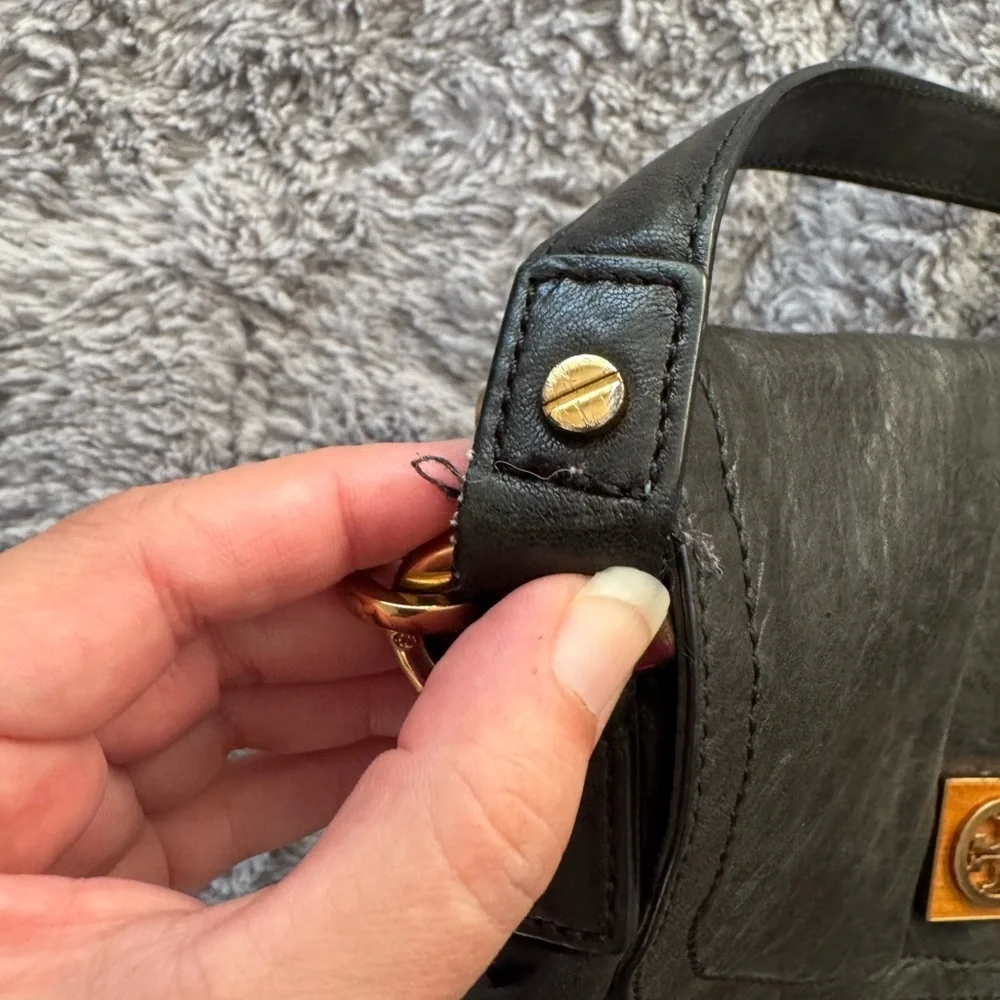 TORY BURCH Distressed Black Leather Crossbody Bag